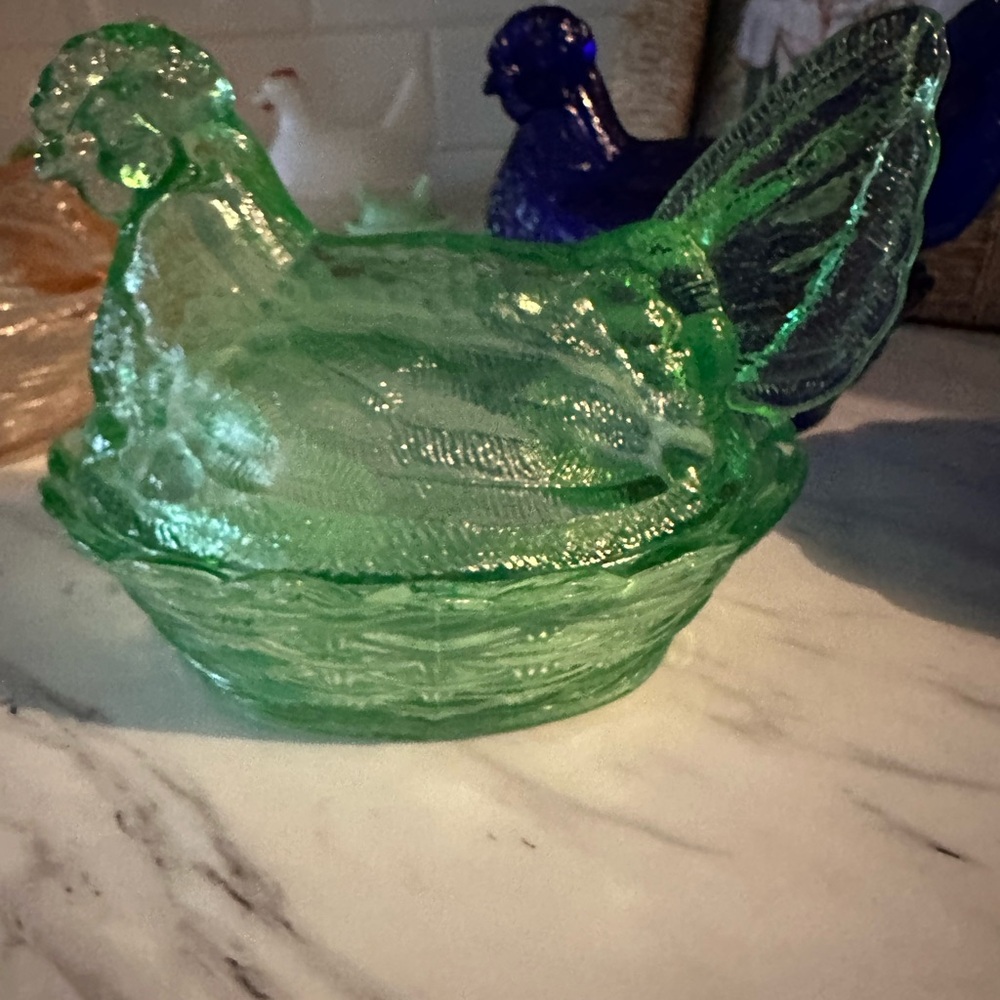 Green Glass Hen on Nest Dish